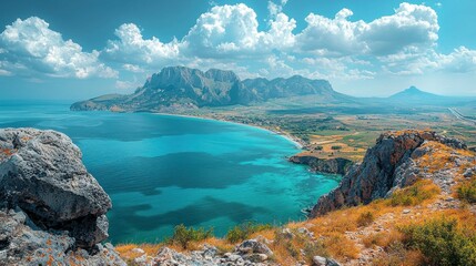 Breathtaking Panoramic View of the Coastal Mountains and Azure Waters of Sicily