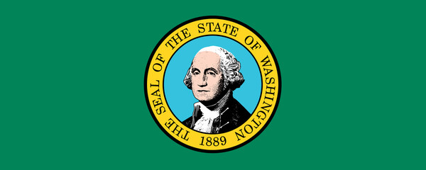 Washington state flag featuring the seal with George Washington's portrait prominently displayed on a green background