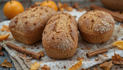 Naklejka premium Loafs of freshly baked bread, with a touch of cinnamon and orange zest, displayed on a wooden table surrounded by autumn leaves and oranges