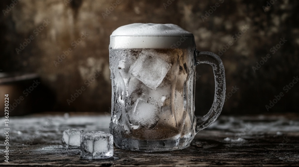 Poster A frosted beer mug with ice cubes, foam overflowing slightly, placed on a rustic wooden surface.