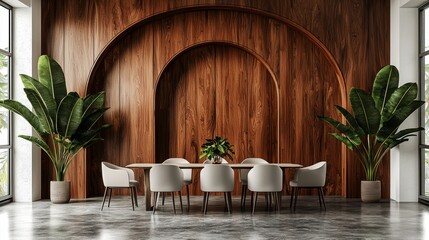 Refined Dining Space with Wooden Accents and Lush Greenery Interior Design