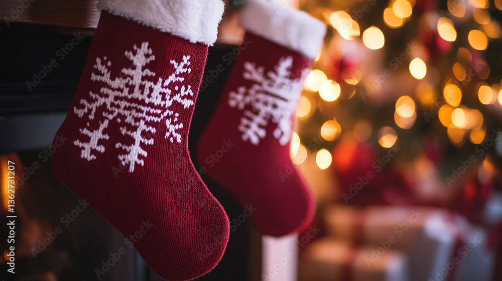 Poster close-up of red knitted christmas stockings with white snowflake pattern, hanging near a blurred chr