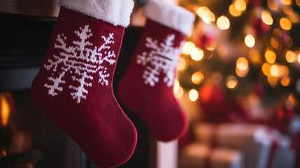 Close-up of red knitted Christmas stockings with white snowflake pattern, hanging near a blurred Christmas tree with warm lights, conveying festive cheer and holiday spirit