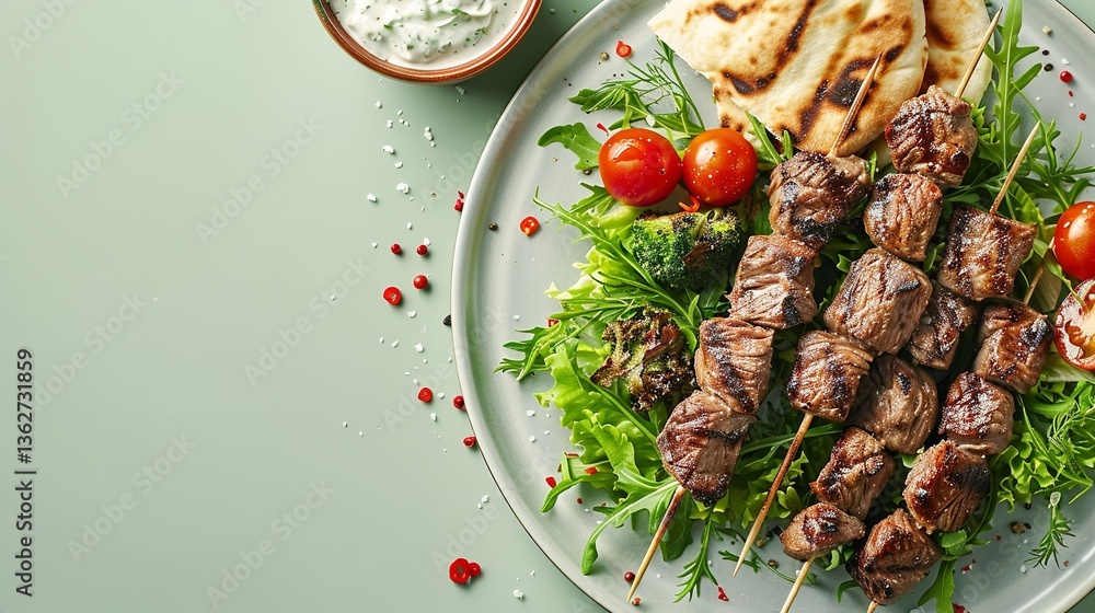 Poster close-up of grilled lamb skewers on a dish with pita bread and tzatziki sauce against a light green 