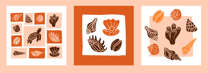 Hand-drawn doodle postcard set of ocean element silhouettes in frames, including turtle, shells, coral, and clam with pearl, ideal for marine decor, beach designs, and underwater themes