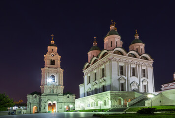 View of the Astrakhan Kremlin with the Assumption Cathedral, bell tower at night. Astrakhan, Russia