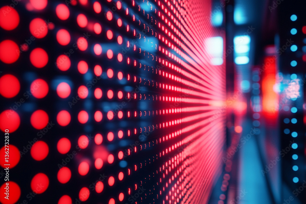Poster abstract display of red led lights in a grid pattern with blue accents in the background area
