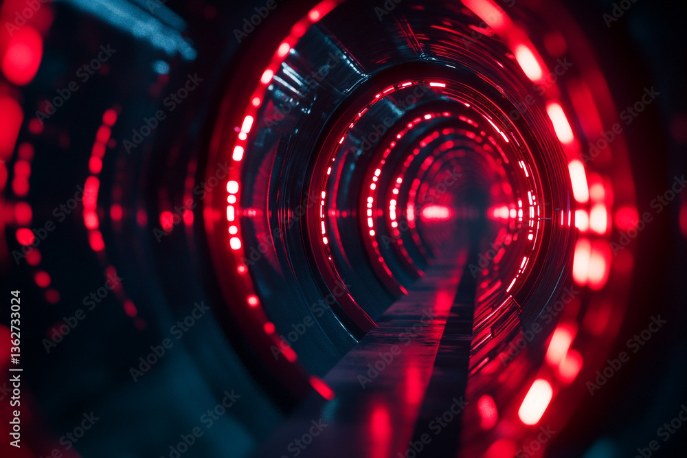 Poster a futuristic tunnel with red lights and dark walls creating a science fiction environment scene view