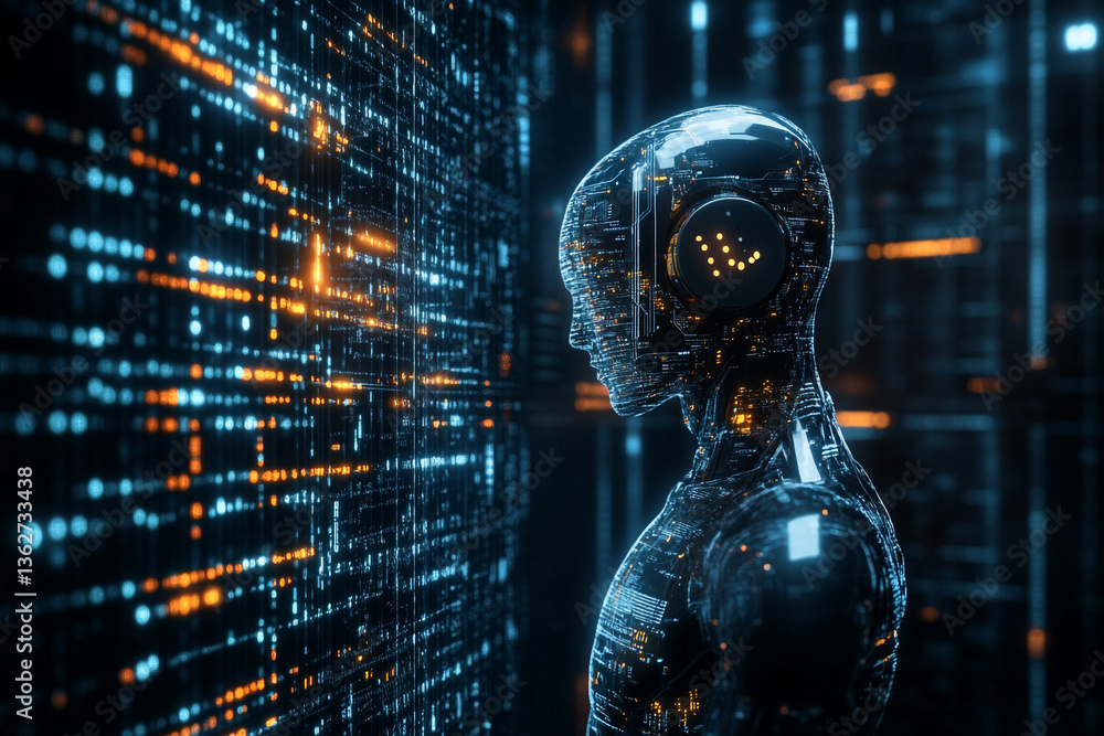 Poster futuristic robot looking at digital data stream in a dark environment with orange and blue lights