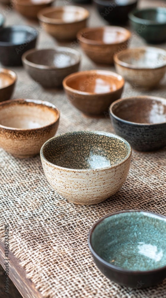 Aufkleber a collection of handcrafted pottery bowls in diverse shapes and shades rests on a textured fabric. e