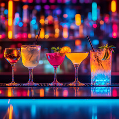 Champagne and cocktail glasses on a table with candles and tropical fruit garnishes for a festive celebration