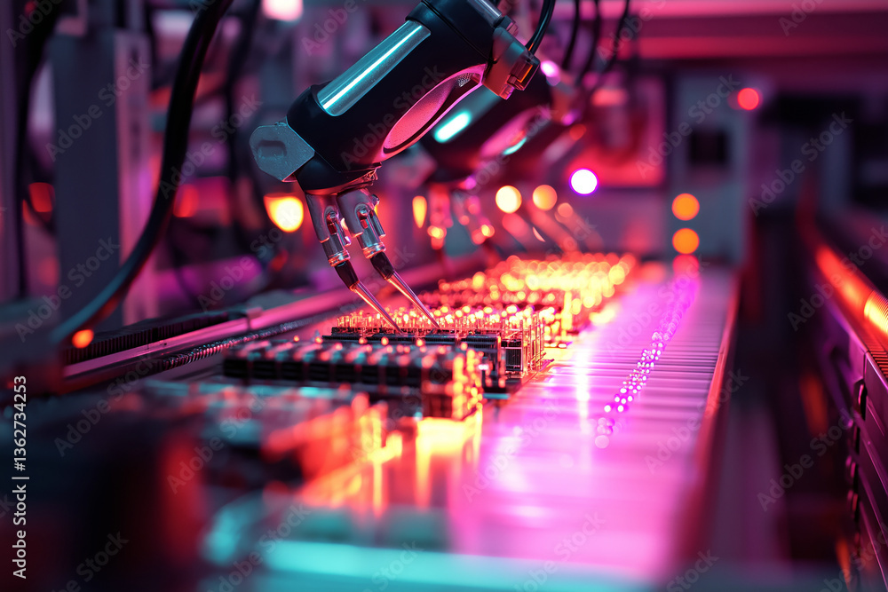 Poster high-tech automated production line in a modern factory, robotic arms assembling electronic componen