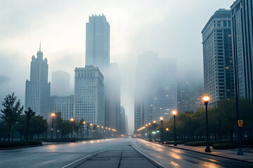 Obraz premium A foggy city street at night.