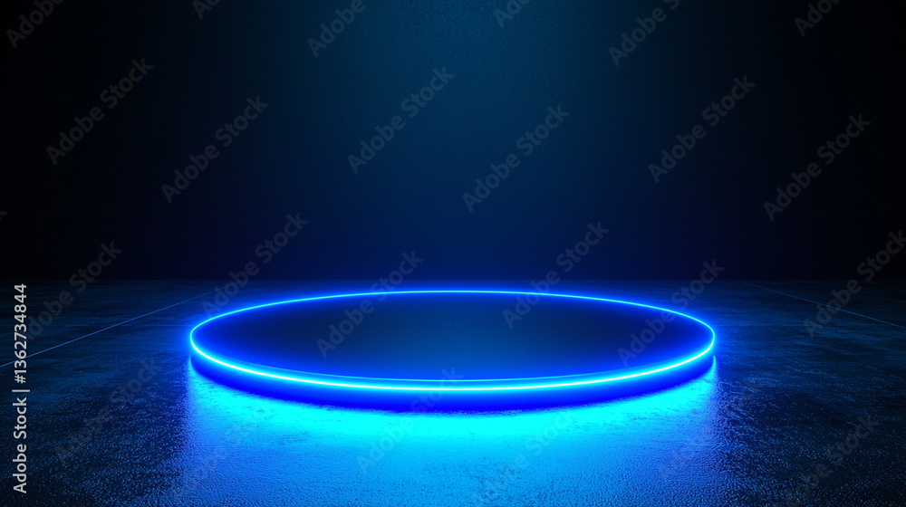 Poster Illuminated circular platform with a vibrant blue neon glow in a dark studio setting for product display