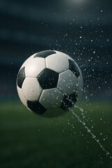 Fototapeta premium Soccer ball flying with water droplets creates splash and motion in a sports game on a green field