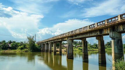 Fototapeta premium Bridge crossing over water rural landscape scenic photography bright sky tranquil environment nature concept