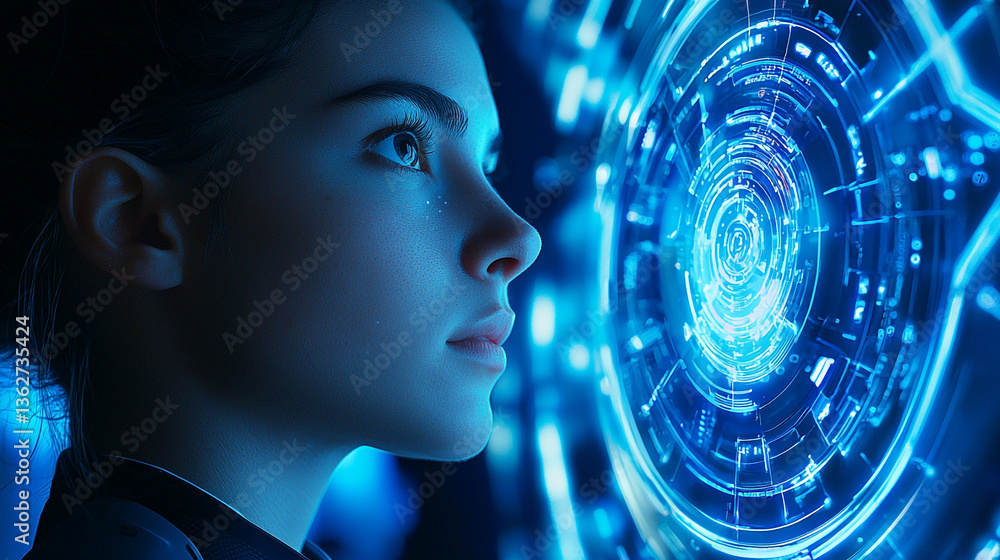 Poster woman looking at a glowing blue futuristic interface with complex circular patterns visible nearby
