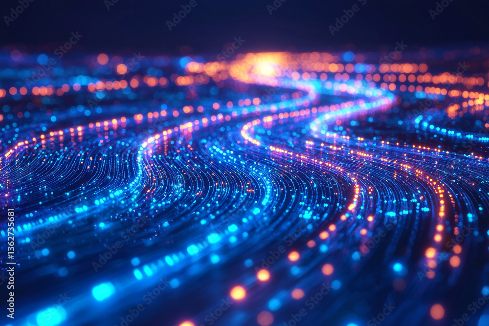 Poster abstract network of glowing blue and orange lines and dots flowing in a wavy pattern on dark backgro