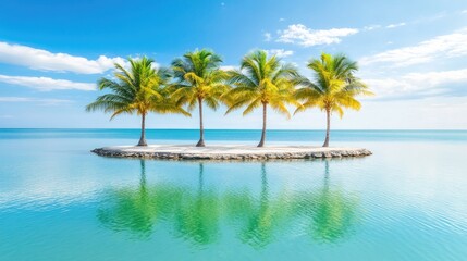 Serene Tropical Island Paradise: Four Palm Trees on a Pristine Beach with Turquoise Waters