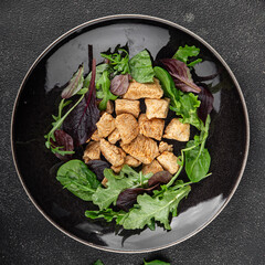 Salad turkey meat green leaves mix fresh delicious gourmet food background on the table rustic food top view copy space keto and paleo diet