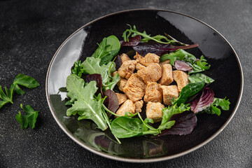 Salad turkey meat green leaves mix fresh delicious gourmet food background on the table rustic food top view copy space keto and paleo diet