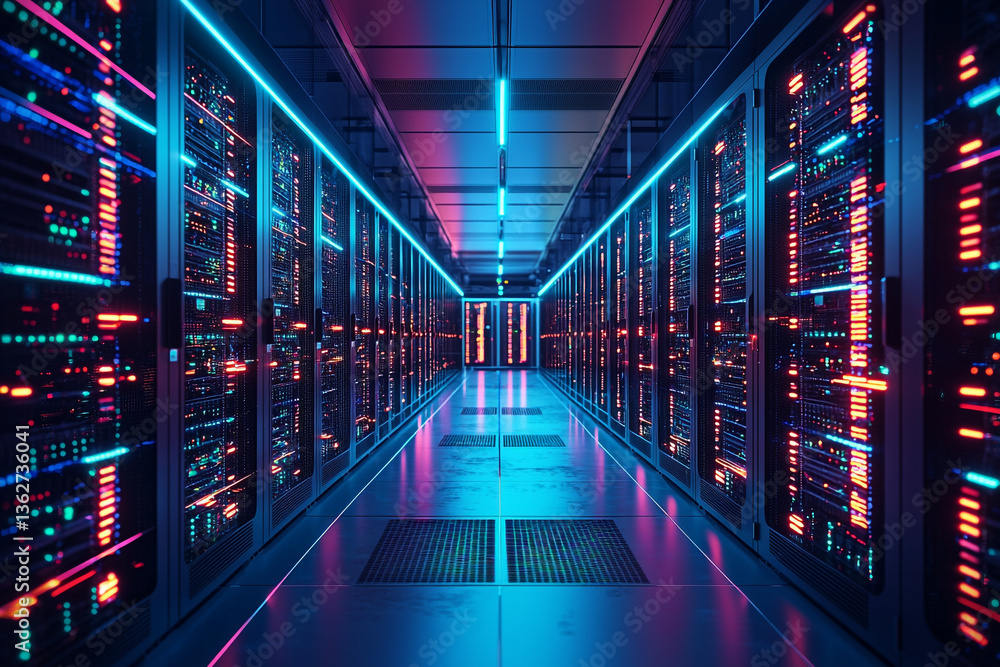 Poster a long corridor filled with server racks illuminated with neon lights in a data center environment