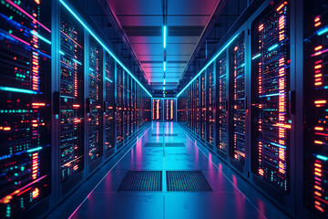 A long corridor filled with server racks illuminated with neon lights in a data center environment