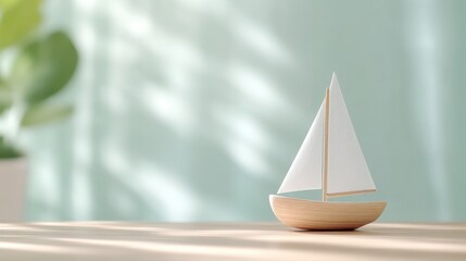Small wooden sailboat on a light wooden surface, soft teal background. Sunlight casts gentle shadows