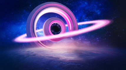 Abstract cosmic scene featuring a swirling portal with vibrant colors and a starry background