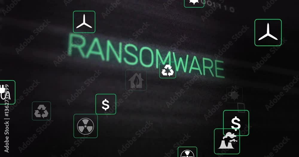 Poster ransomware text with various icons over digital security threat animation