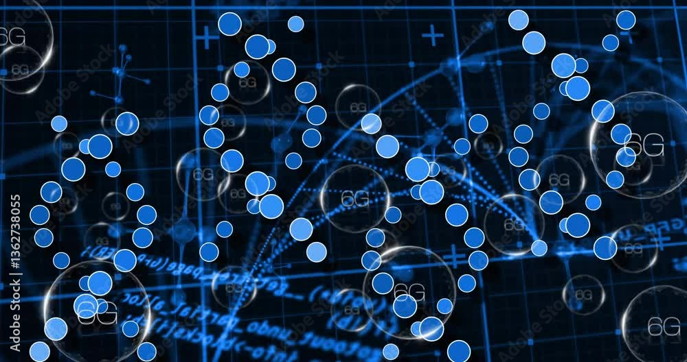 Poster animation of blue grid with interconnected dots and mathematical equations in school