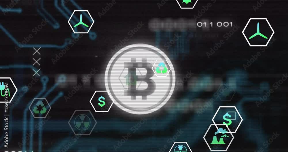 Poster bitcoin symbol surrounded by digital network elements and various icons in animation