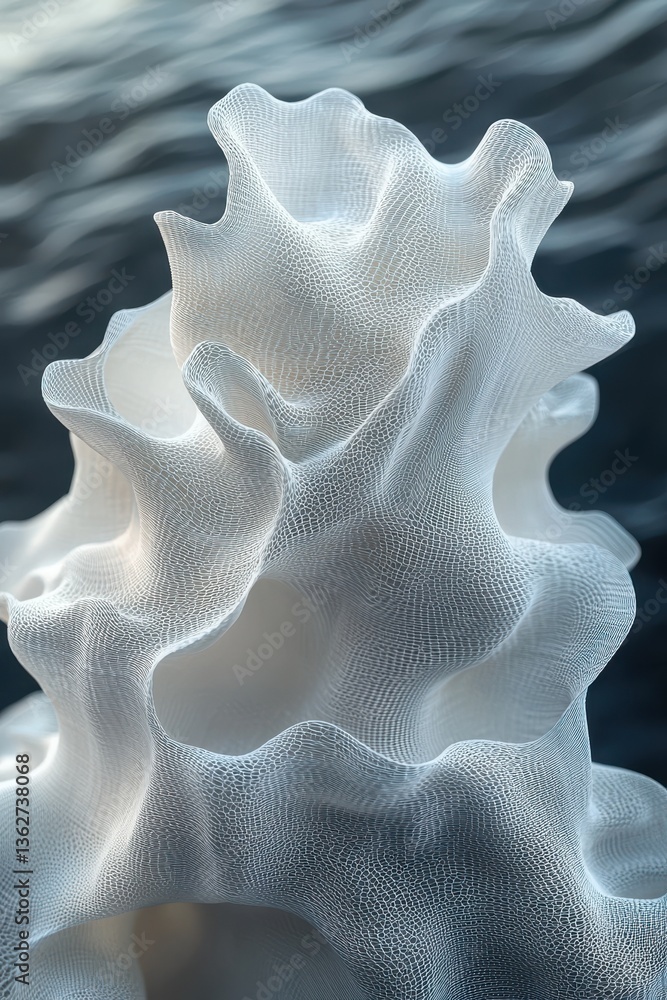 Poster intricate white wave-like structure with fine texture and abstract details