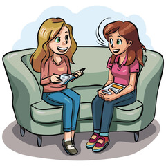 Two Friends Chatting on a Couch – Cartoon Style