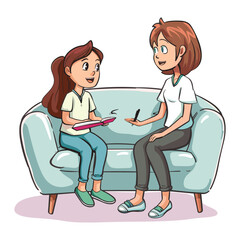 Two Friends Chatting on a Couch – Cartoon Style