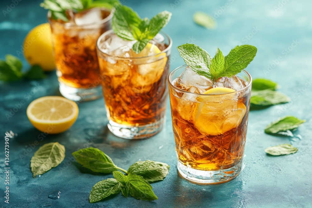 Poster refreshing iced tea with mint and lemon, perfect for summer gatherings in a sunlit setting