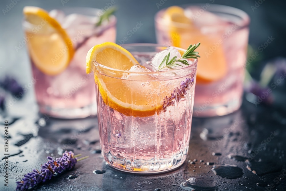 Poster refreshing lavender lemonade served with lemon slices in elegant glasses on a dark surface