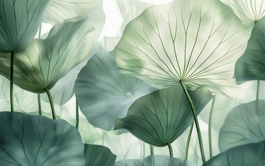 Abstract Lotus Leaf Canopy, Serene Green Botanical Background with Delicate Veins and Stems