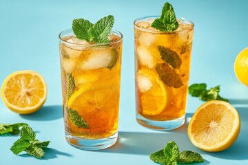 Fototapeta premium Refreshing iced tea with mint and lemon garnishes served on a vibrant blue background