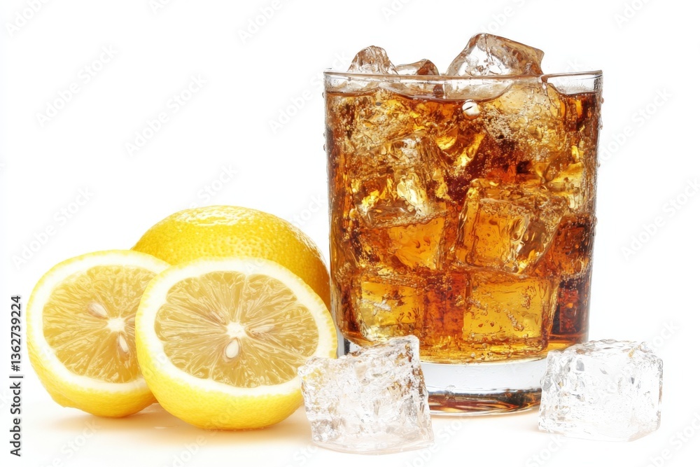 Poster Refreshing beverage with ice and lemon slices displayed on a white background in a glass
