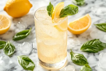 Fototapeta premium Refreshing basil lemonade garnished with lemon and fresh basil on a marble countertop during summer