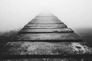 Obraz premium Old wooden pier disappearing into foggy horizon over still water in grayscale
