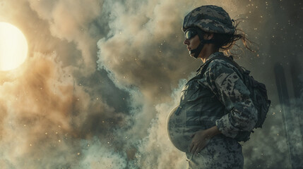 Fototapeta premium Pregnant female soldier in camouflage uniform stands in a battlefield, surrounded by smoke and dust. A striking contrast between motherhood and war, resilience, and strength