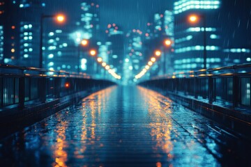 Wet city street at night with neon lights and reflections