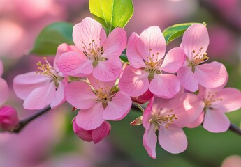 Delicate pink blossoms on a spring branch showcasing the beauty of nature with soft bokeh background and vibrant green leaves enhancing the floral display