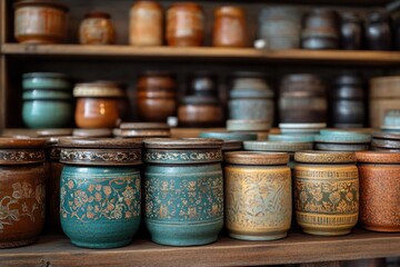 Colorful spice jars arranged on rustic wooden shelves