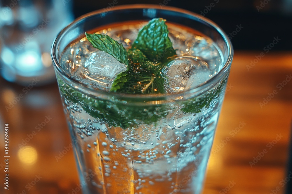 Aufkleber refreshing mint cocktail served in a glass with ice on a wooden bar during evening hours