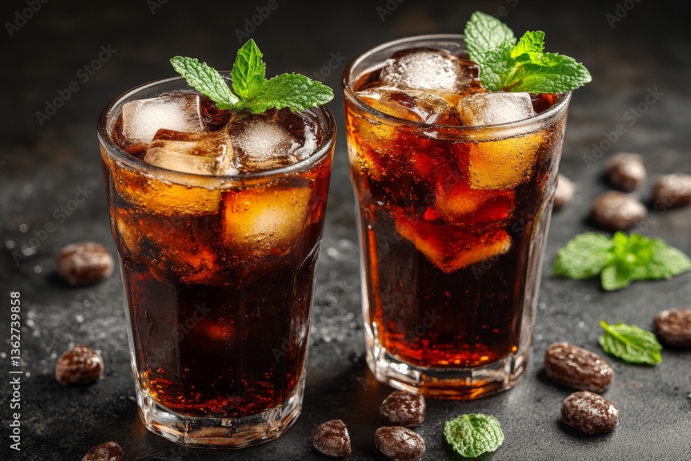 Poster refreshing beverages served with ice and mint leaves in a dark setting perfect for a summer gatherin