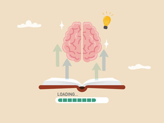 Book loading data to brain with creative idea light bulb. Education concept improve or learning skill, researching, finding answers, study textbook and e-learning technology flat vector illustration.