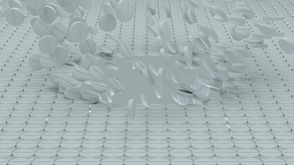 White pills in midair crashing into compact tablet grid forming a jagged break with depth in sterile medical background and symmetrical layout